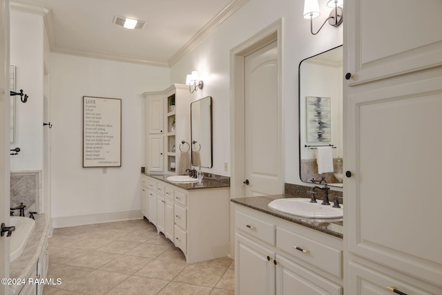 bathroom with tile patterned floors, tiled bath, crown molding, and vanity