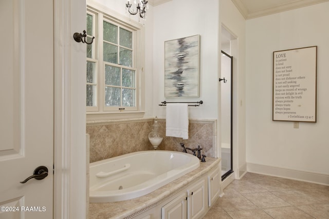 bathroom featuring tile patterned flooring, crown molding, plus walk in shower, and a chandelier