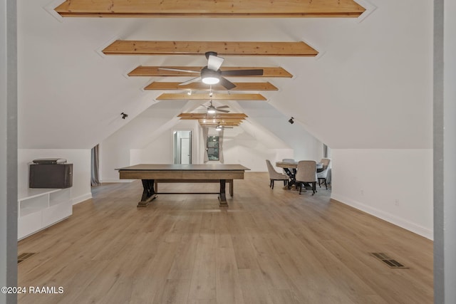 interior space with vaulted ceiling with beams, light hardwood / wood-style flooring, and ceiling fan