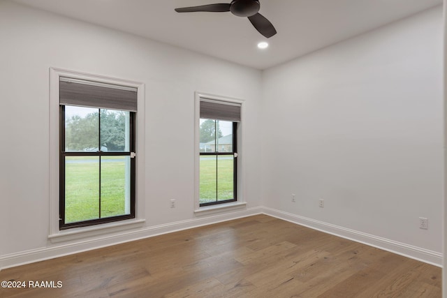 unfurnished room featuring a wealth of natural light, ceiling fan, and wood-type flooring