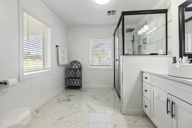 1412 US Highway 167, Abbeville, LA 70510 - bathroom featuring vanity, baseboards, crown molding, a stall shower, and marble look tile flooring