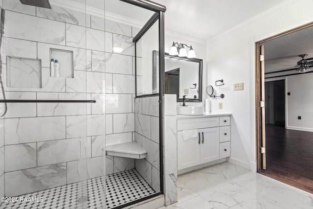 1412 US Highway 167, Abbeville, LA 70510 - bathroom featuring a stall shower, vanity, marble look tiles, crown molding, and baseboards