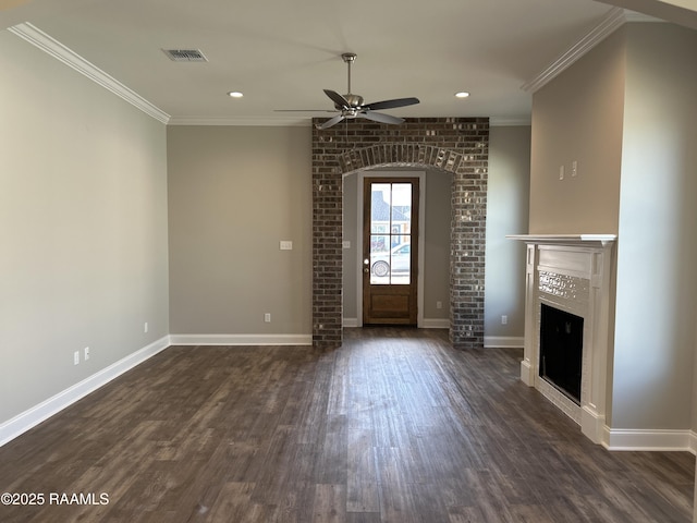 interior space featuring dark hardwood / wood-style flooring, crown molding, and ceiling fan