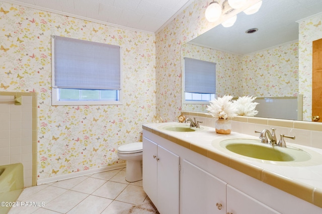 bathroom with toilet, tile patterned floors, plenty of natural light, and crown molding