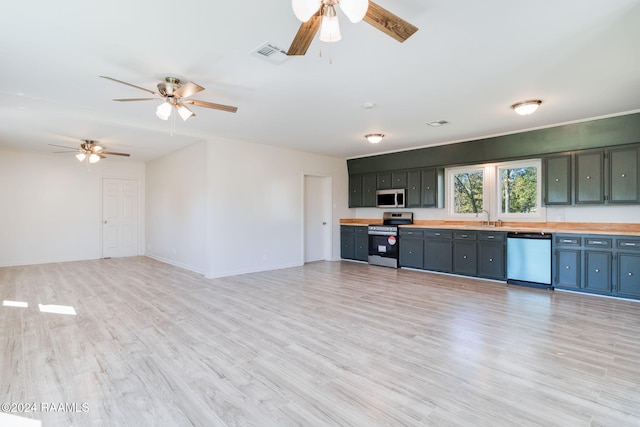 kitchen featuring ceiling fan, sink, light hardwood / wood-style floors, and appliances with stainless steel finishes