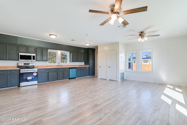 kitchen featuring appliances with stainless steel finishes, light hardwood / wood-style floors, ceiling fan, and sink