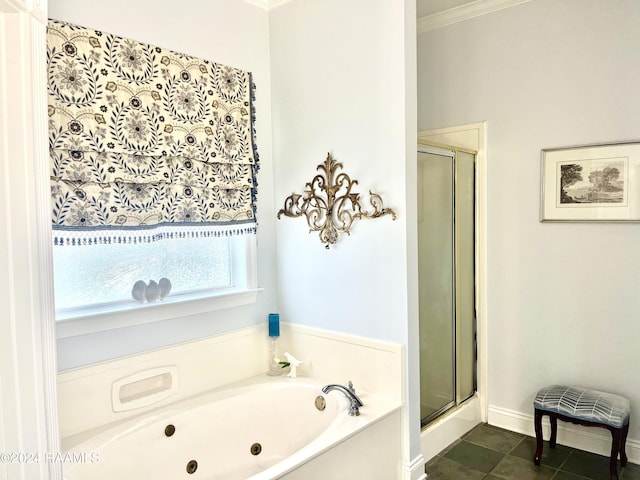 bathroom with tile patterned floors, crown molding, and shower with separate bathtub