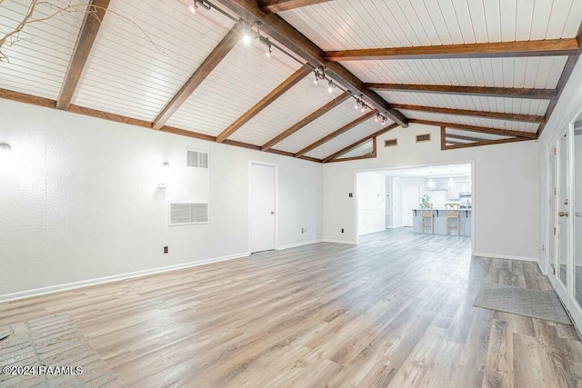 unfurnished living room with wooden ceiling, beamed ceiling, light hardwood / wood-style floors, and high vaulted ceiling