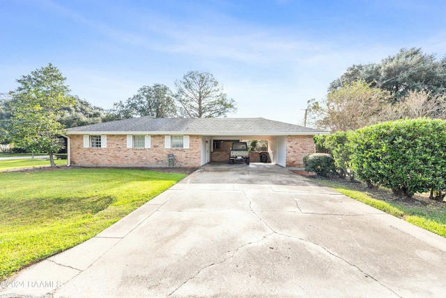 ranch-style house with a front yard and a carport