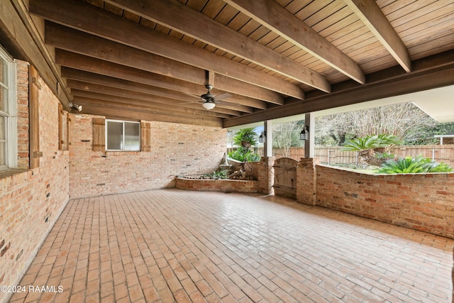 227 Meadow Ln, Lafayette, LA 70506 - fenced backyard featuring a ceiling fan, a patio, and a gate