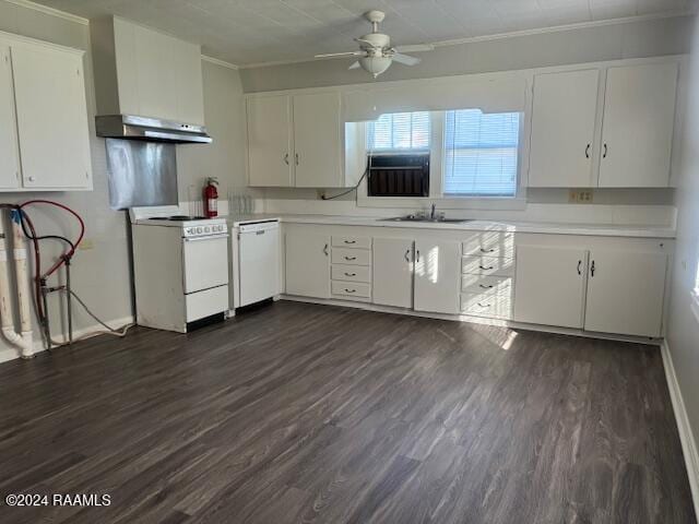 kitchen with extractor fan, white cabinets, dark hardwood / wood-style floors, and white appliances