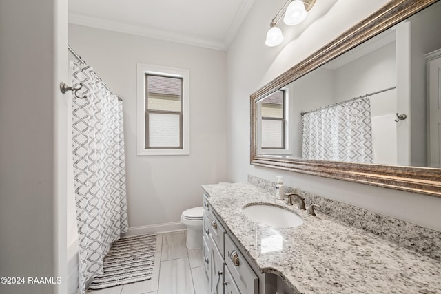 108 Timber Bark Rd, Lafayette, LA 70508 - bathroom featuring vanity, crown molding, toilet, baseboards, and shower / bath combo with shower curtain
