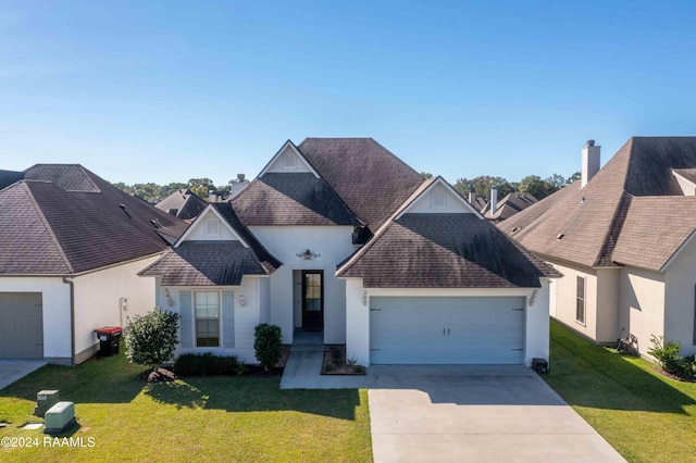 108 Timber Bark Rd, Lafayette, LA 70508 - view of front of house featuring stucco siding, an attached garage, a shingled roof, a front lawn, and driveway