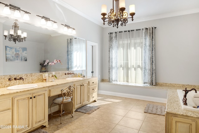 bathroom featuring ornamental molding, vanity, tile patterned floors, and a notable chandelier