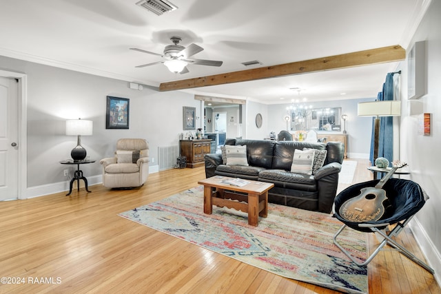 living room featuring ceiling fan with notable chandelier, beam ceiling, light wood-type flooring, and crown molding