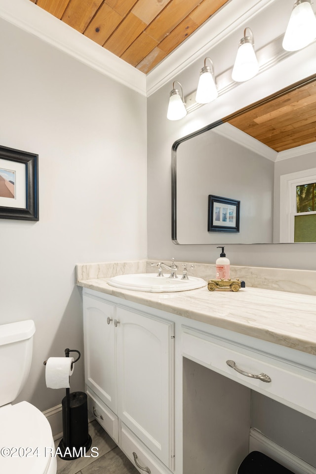 bathroom with vanity, toilet, wooden ceiling, and crown molding