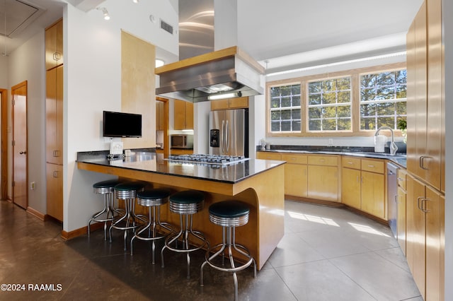 kitchen with exhaust hood, a kitchen breakfast bar, sink, tile patterned flooring, and appliances with stainless steel finishes