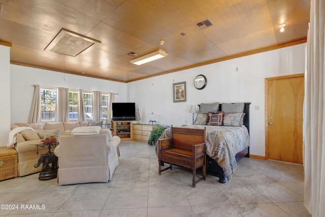 bedroom featuring light tile patterned floors and crown molding