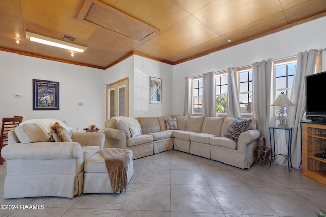 living room featuring crown molding