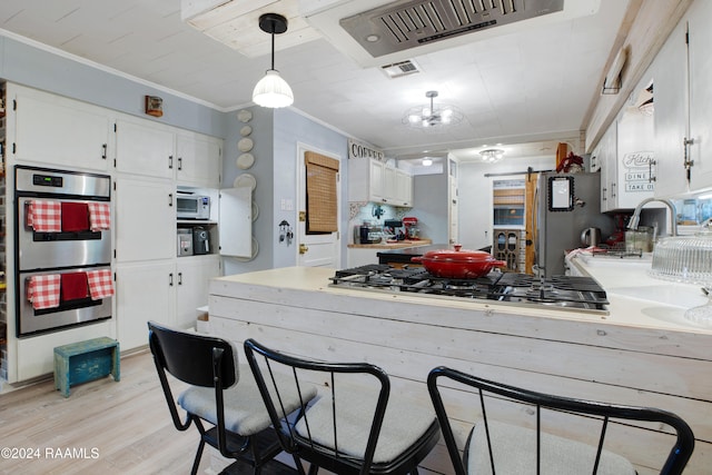 kitchen featuring pendant lighting, light hardwood / wood-style flooring, a barn door, ornamental molding, and appliances with stainless steel finishes