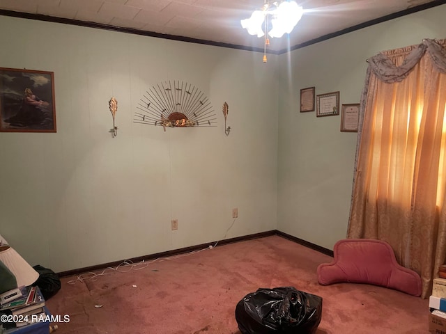 living area featuring carpet floors and crown molding