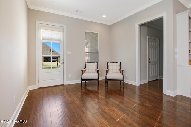 unfurnished room with dark hardwood / wood-style floors and crown molding