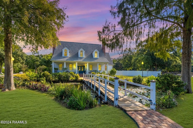 cape cod-style house featuring a lawn and covered porch