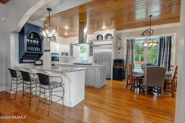 kitchen featuring white cabinets, built in appliances, kitchen peninsula, and wooden ceiling