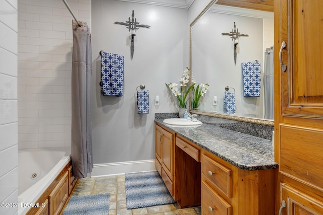 bathroom with shower / bath combo, vanity, and crown molding