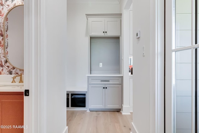 hallway featuring light wood-type flooring and a sink