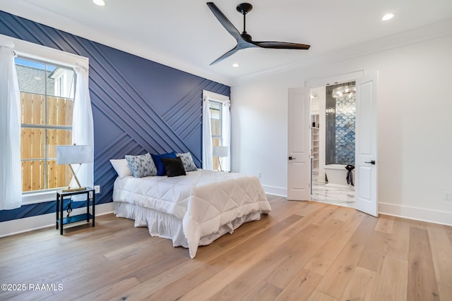 bedroom with recessed lighting, light wood-style floors, baseboards, and ceiling fan