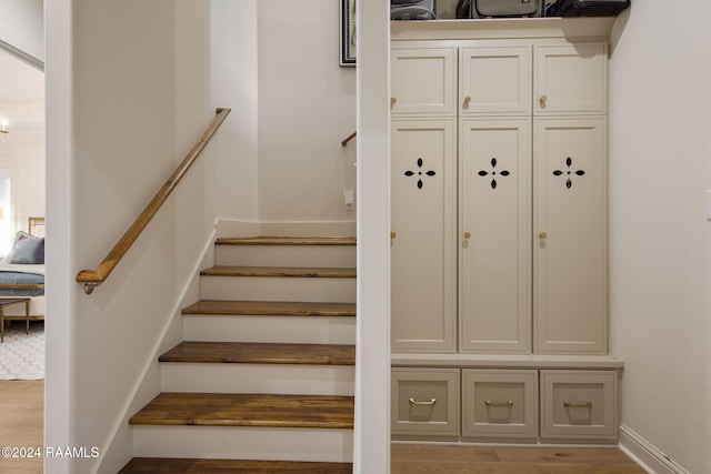 stairway featuring hardwood / wood-style floors