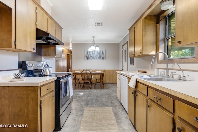 kitchen with dishwasher, sink, wooden walls, electric range, and decorative light fixtures