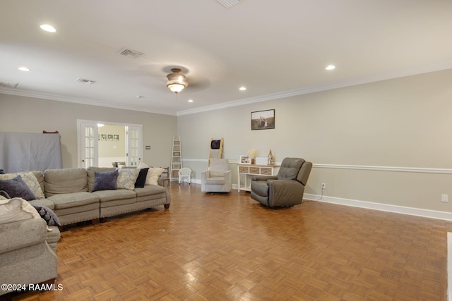 living room with ceiling fan, french doors, crown molding, and light parquet flooring