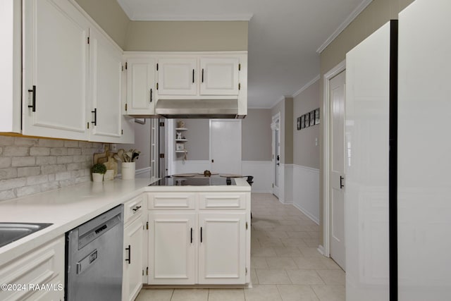 kitchen featuring kitchen peninsula, backsplash, stainless steel dishwasher, crown molding, and white cabinets