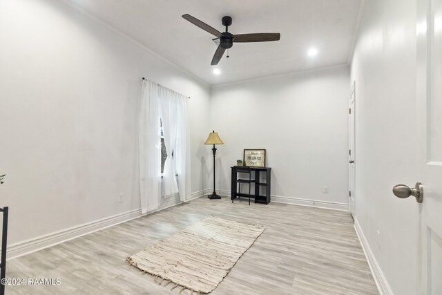 1036 Duhon Rd, Duson, LA 70529 - empty room featuring a ceiling fan, ornamental molding, light wood-type flooring, baseboards, and recessed lighting
