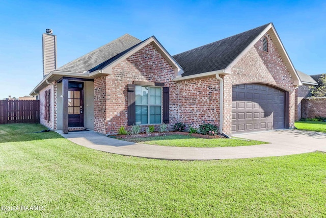 view of front of house with a garage and a front lawn