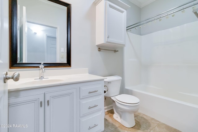 full bathroom featuring bathing tub / shower combination, tile patterned floors, vanity, and toilet