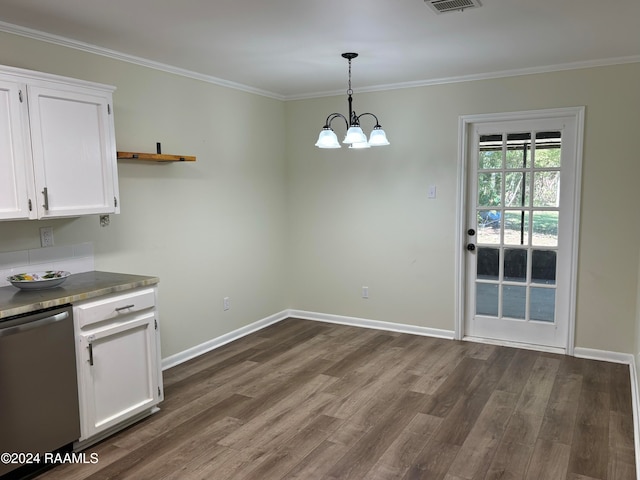 kitchen with stainless steel dishwasher, pendant lighting, white cabinetry, and dark wood-type flooring