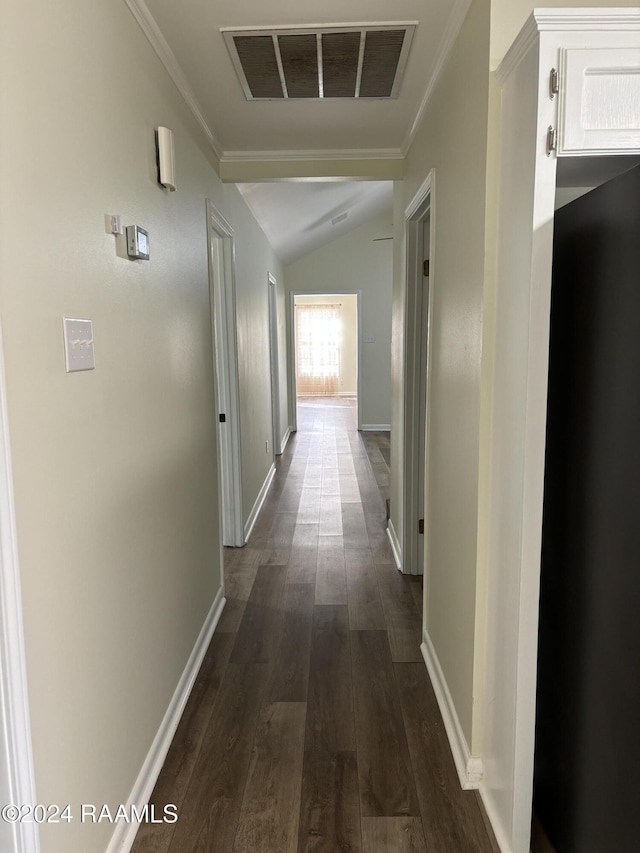 141 Hummingbird Ln, Lafayette, LA 70506 - corridor with lofted ceiling, dark wood-style floors, ornamental molding, and baseboards