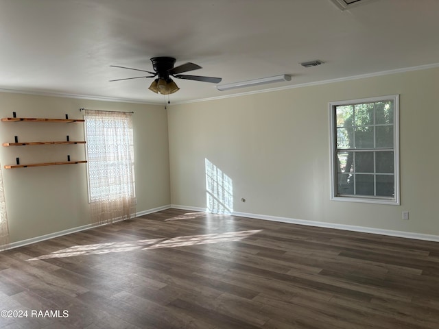 unfurnished room with crown molding, ceiling fan, and dark hardwood / wood-style floors