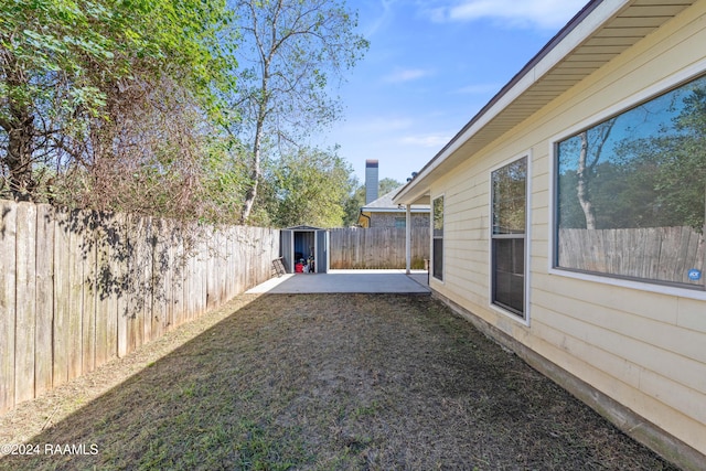 view of yard featuring a patio and a storage unit