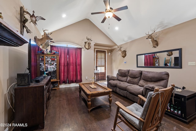 living room featuring ceiling fan, dark hardwood / wood-style flooring, and high vaulted ceiling