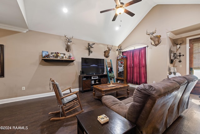 living room featuring crown molding, ceiling fan, dark hardwood / wood-style flooring, and vaulted ceiling