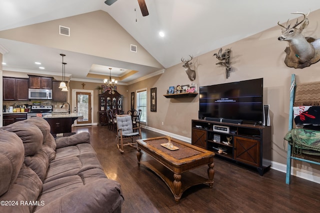 living room with sink, crown molding, dark hardwood / wood-style floors, a raised ceiling, and ceiling fan with notable chandelier