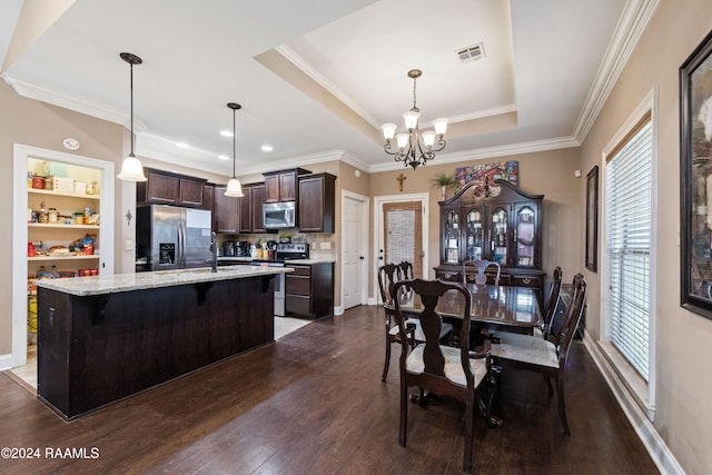 kitchen featuring a tray ceiling, decorative light fixtures, dark brown cabinetry, and appliances with stainless steel finishes