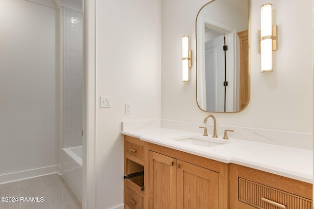 bathroom with tile patterned flooring, vanity, and shower / tub combination