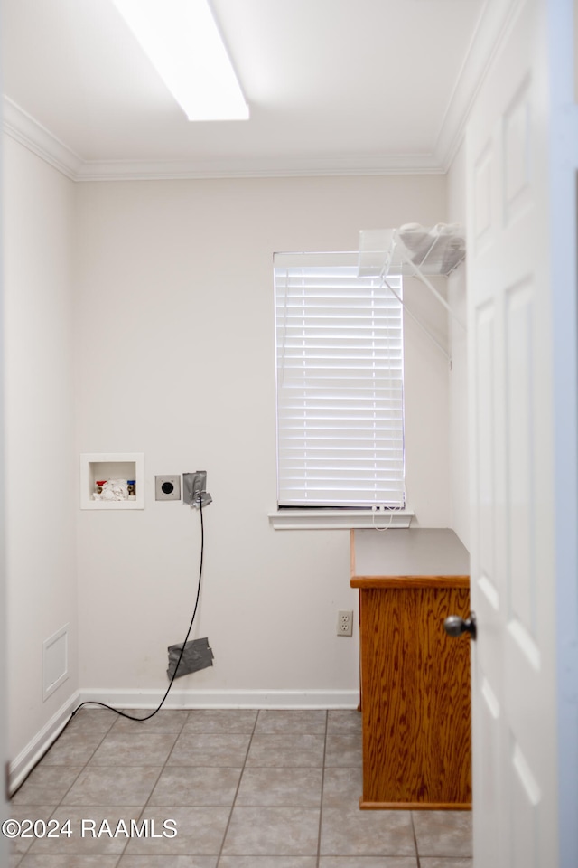 washroom with electric dryer hookup, tile patterned floors, hookup for a washing machine, and ornamental molding