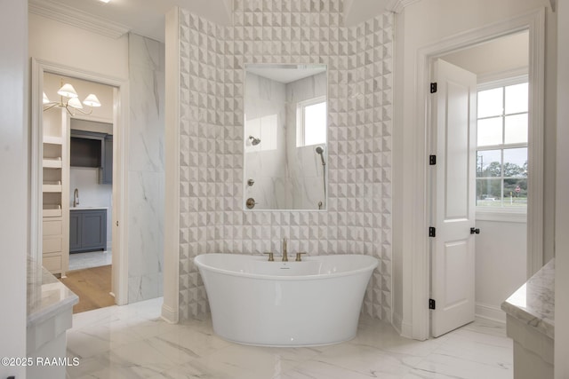 bathroom featuring tasteful backsplash, shower with separate bathtub, and a chandelier