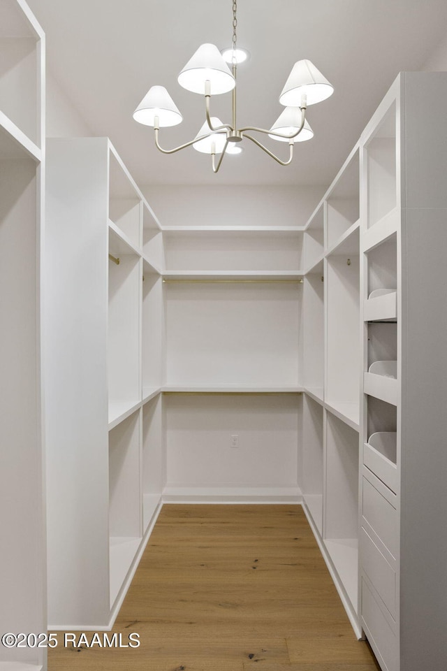 spacious closet with hardwood / wood-style floors and a chandelier